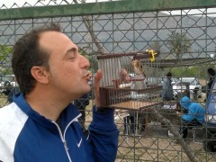 Aficionado con su jilguero